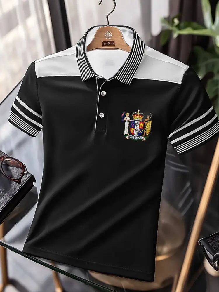 Vintage New Zealand Flag Crest Stripe Printed Casual Cotton Short Sleeve Polo Shirt Black / S