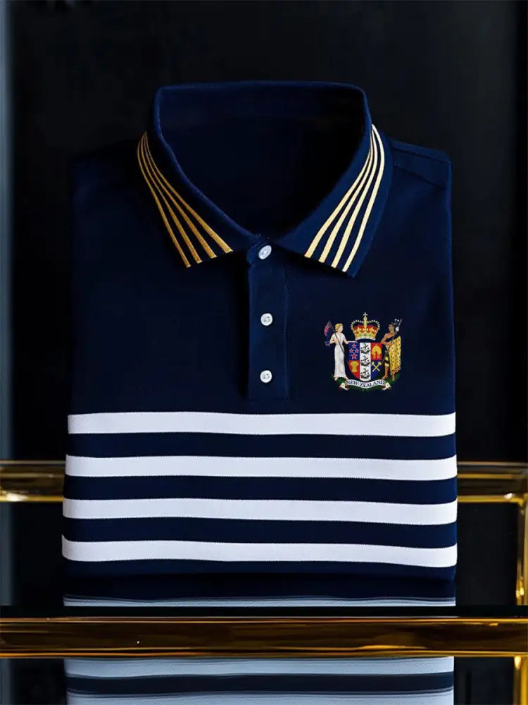 Vintage New Zealand Flag Crest Stripe Printed Casual Cotton Short Sleeve Polo Shirt Dark Blue / S