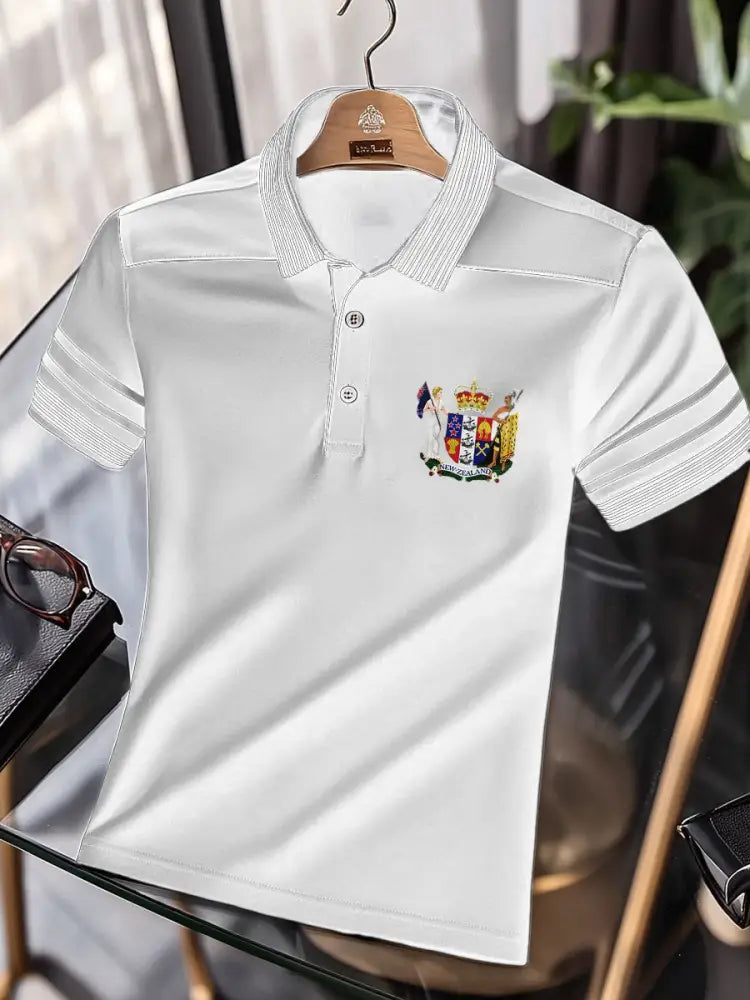 Vintage New Zealand Flag Crest Stripe Printed Casual Cotton Short Sleeve Polo Shirt White / S