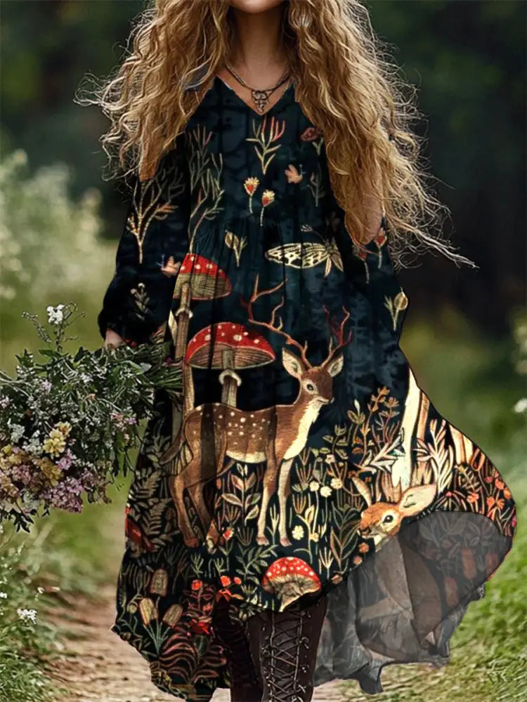Vintage V-neck Mushroom Bohemian Floral Print Elegant Chic Loose Midi Dress A / S