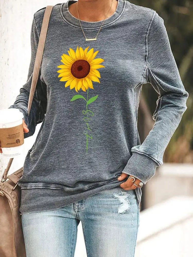 Women’s 8647 Sunflower Print Casual Sweatshirt Gray / S