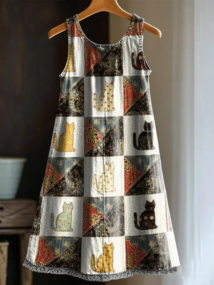 Women’s Artistic Cat Patchwork Design Print Dress As picture / S