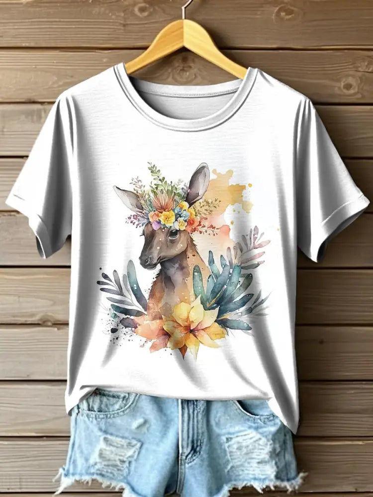 Women’s Australian Kangaroo Floral Ink Art Print Casual Crew Neck T-Shirt Colorful / S