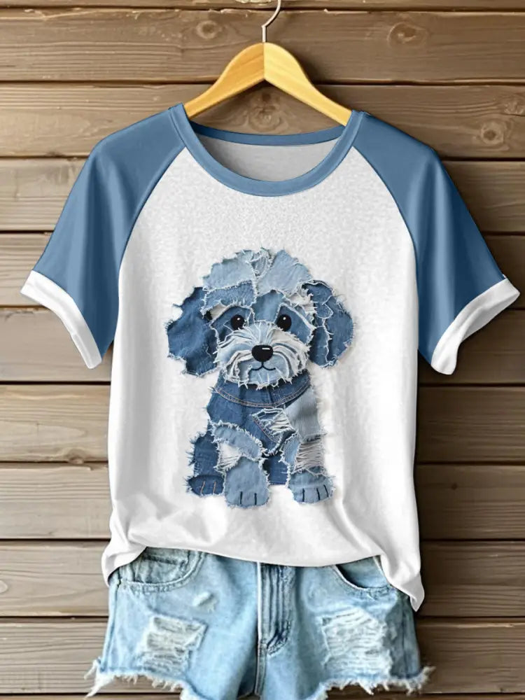 Women’s Cute Dog Pattern Patchwork Art T-Shirt Blue / S