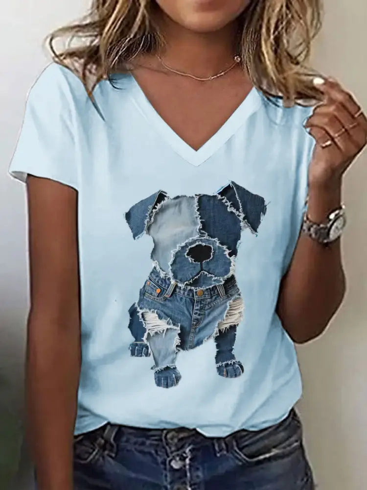 Women’s Cute Dog Pattern Patchwork Art V-Neck T-Shirt Sky Blue / S