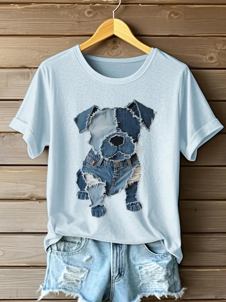 Women’s Dog Pattern Denim Patchwork Art T-Shirt Light Blue / S