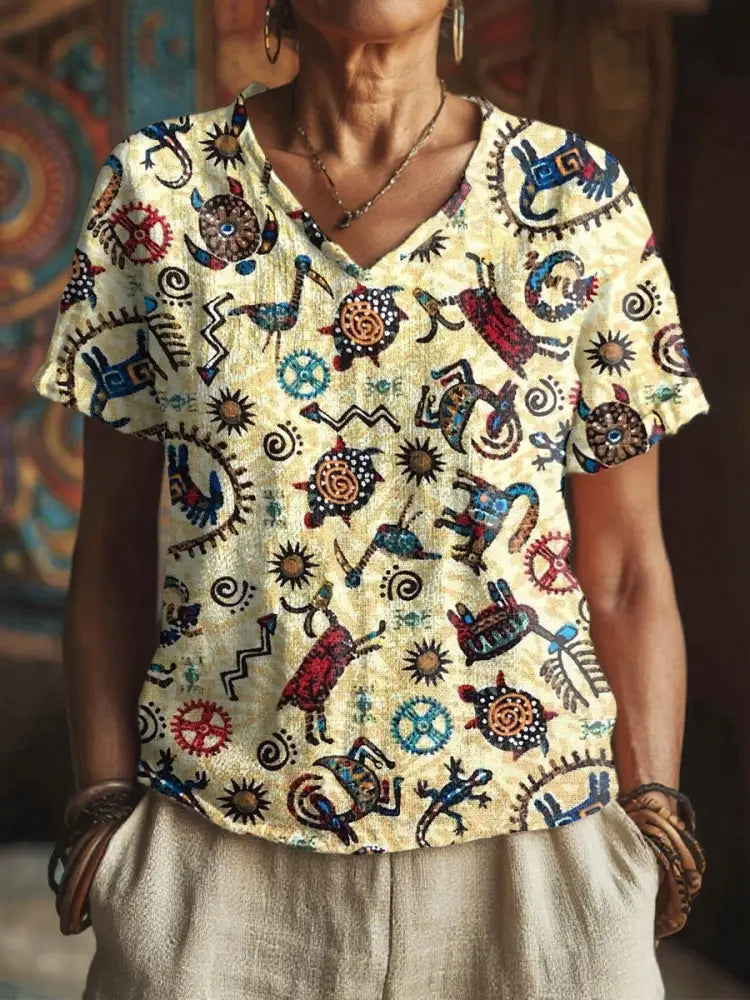 Women’s Indigenous animals print V-neck tops As picture / S