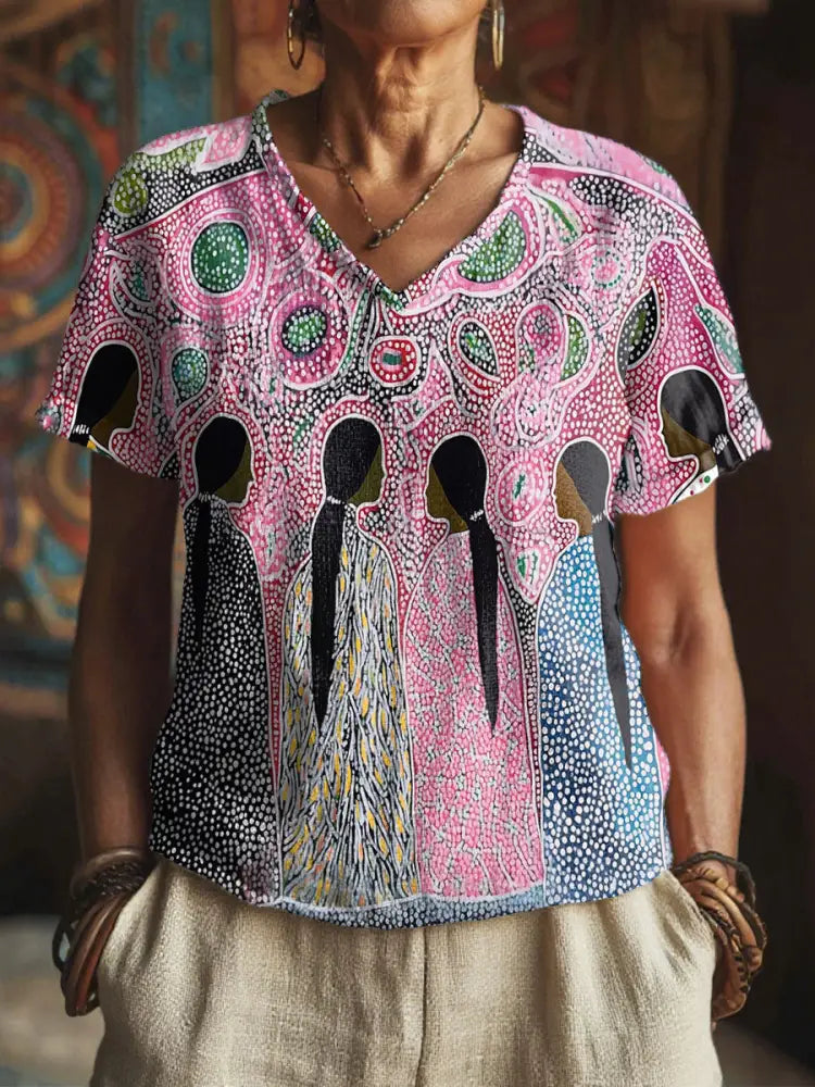 Women’s Indigenous Girl Print V-Neck Tops Pink / S