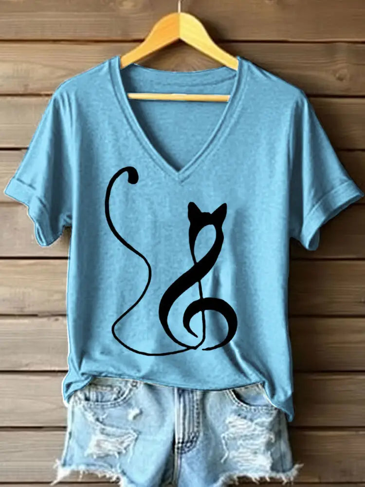 Women’s Music Note Inspired Cat Print V-Neck T-Shirt Blue / S