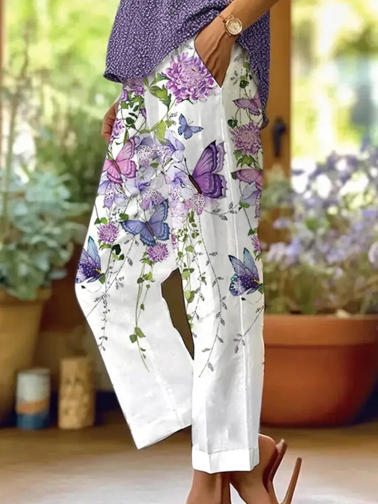 Women’s Purple Floral Butterflies Print Alzheimer’s Awareness Support Pants Men’s Clothing
