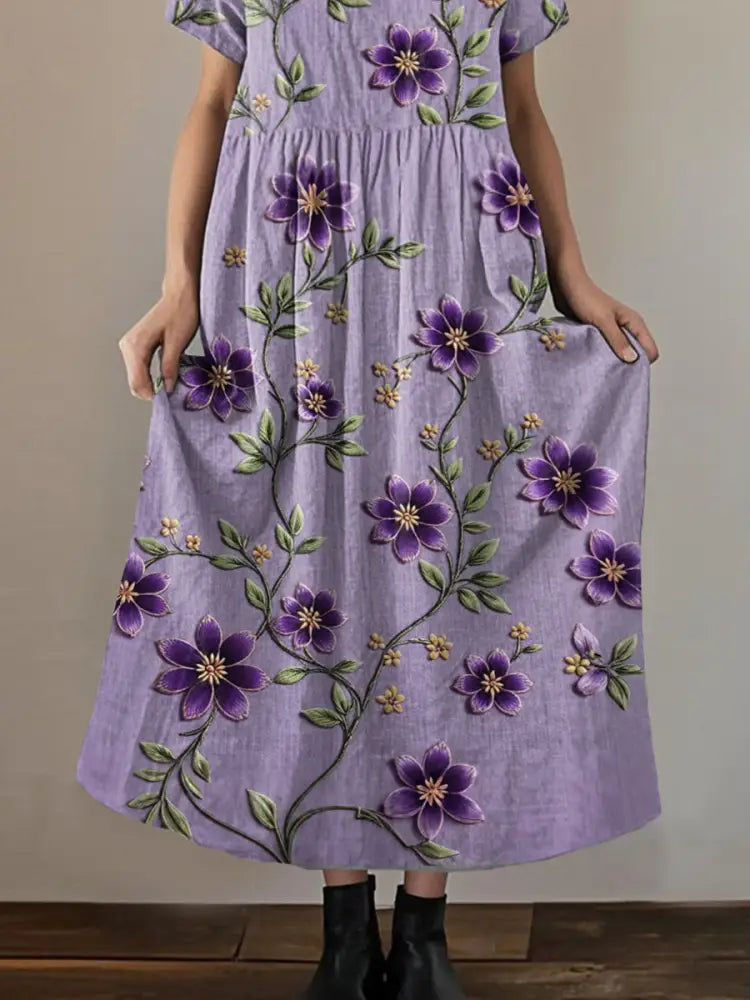 Women’s Purple Floral Print Alzheimer’s Awareness Support V-Neck Dress Women’s Clothing