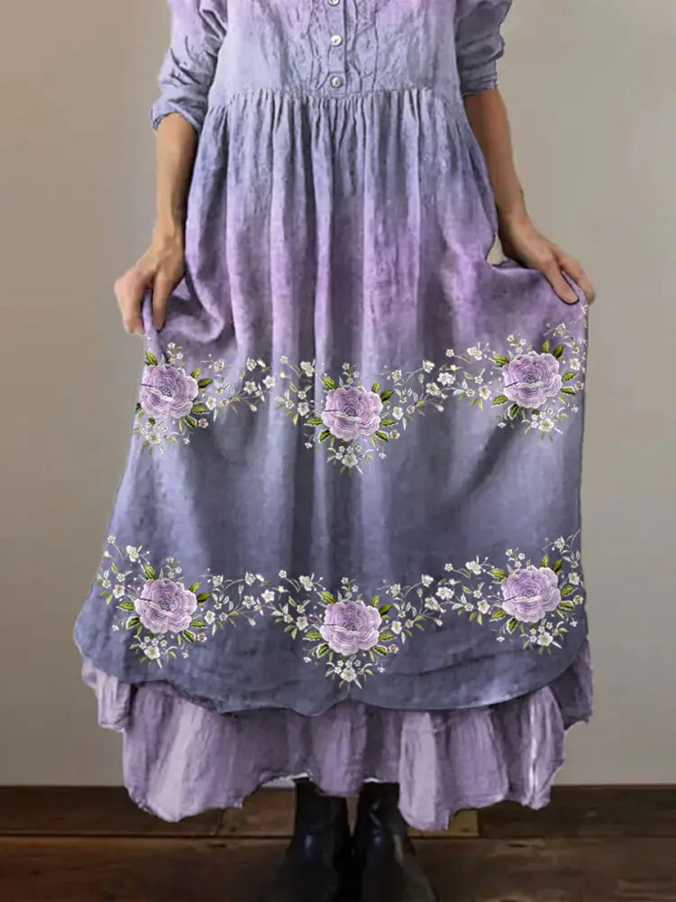Women’s Purple Flowers Gradient Print Alzheimer’s Awareness Support Dress Women’s Clothing