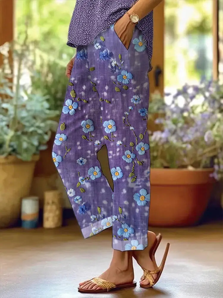 Women’s Purple Forget-Me-Not Floral Print Alzheimer’s Awareness Support Pants Purple / S Women’s Clothing