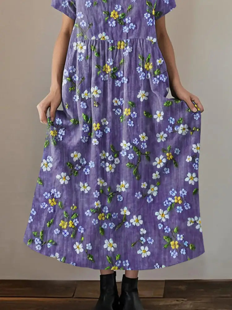 Women’s Purple Forget-Me Not Flowers Print Alzheimer’s Awareness Support V-Neck Dress Women’s Clothing