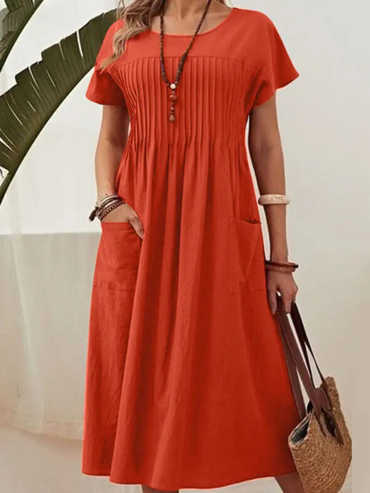 Women’s Solid Color Round Neck Pocket Pleated Short Sleeve Cotton Linen Dress Red / S