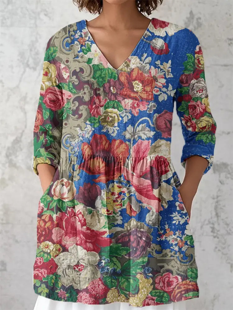 Women’s v-neck vintage floral print cotton shirt Colorful / S Women’s Clothing