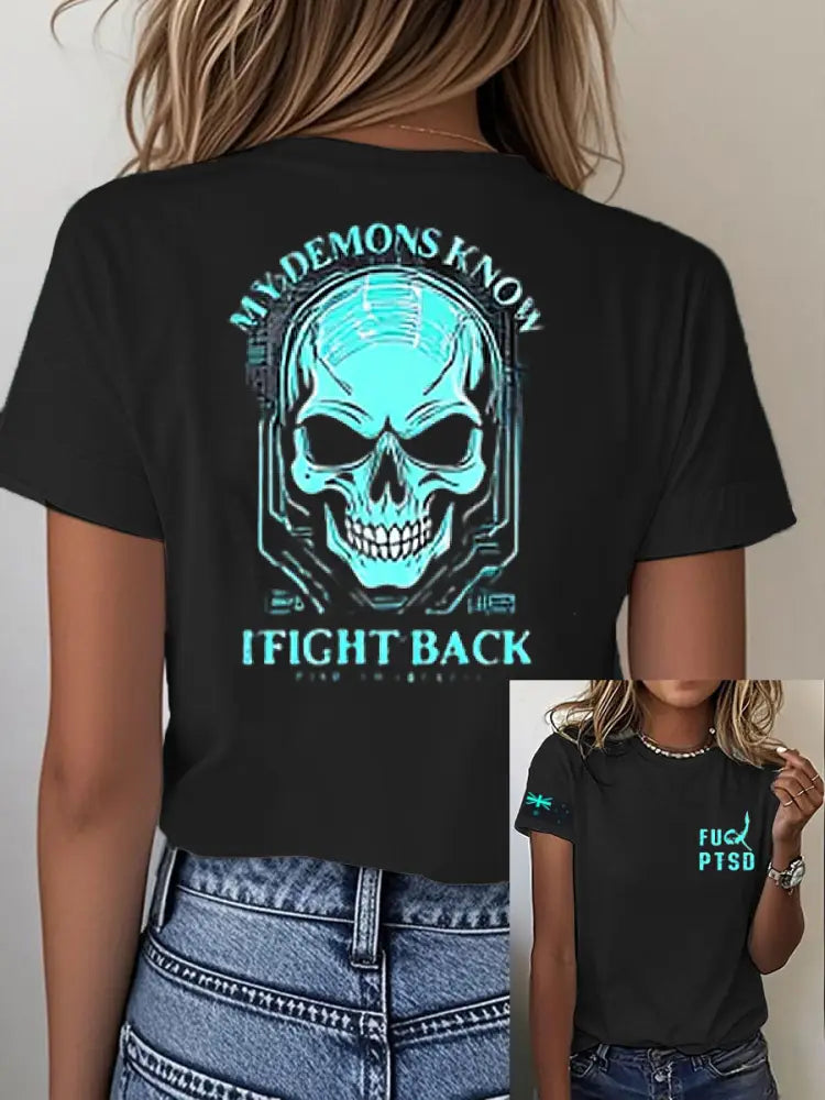 Women’s Vintage Australian Flag I Fight Back Skull Print Casual Cotton Short Sleeve T-Shirt Black / S