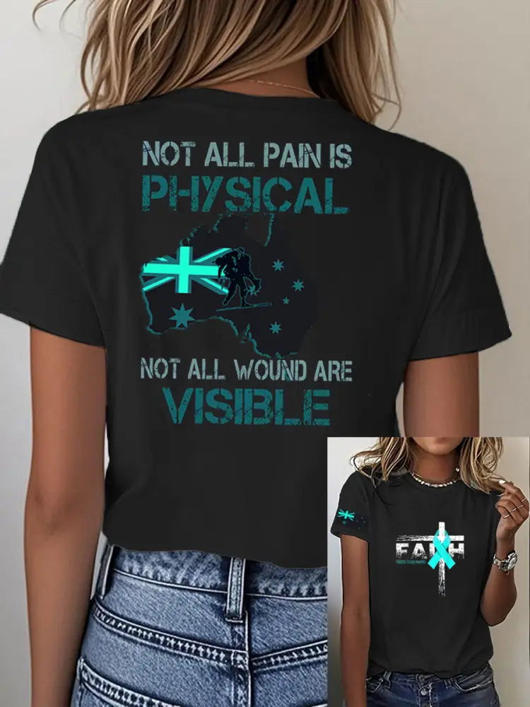 Women’s Vintage Australian Flag PTSD Disease Faith Print Casual Cotton Short Sleeve T-Shirt Black / S