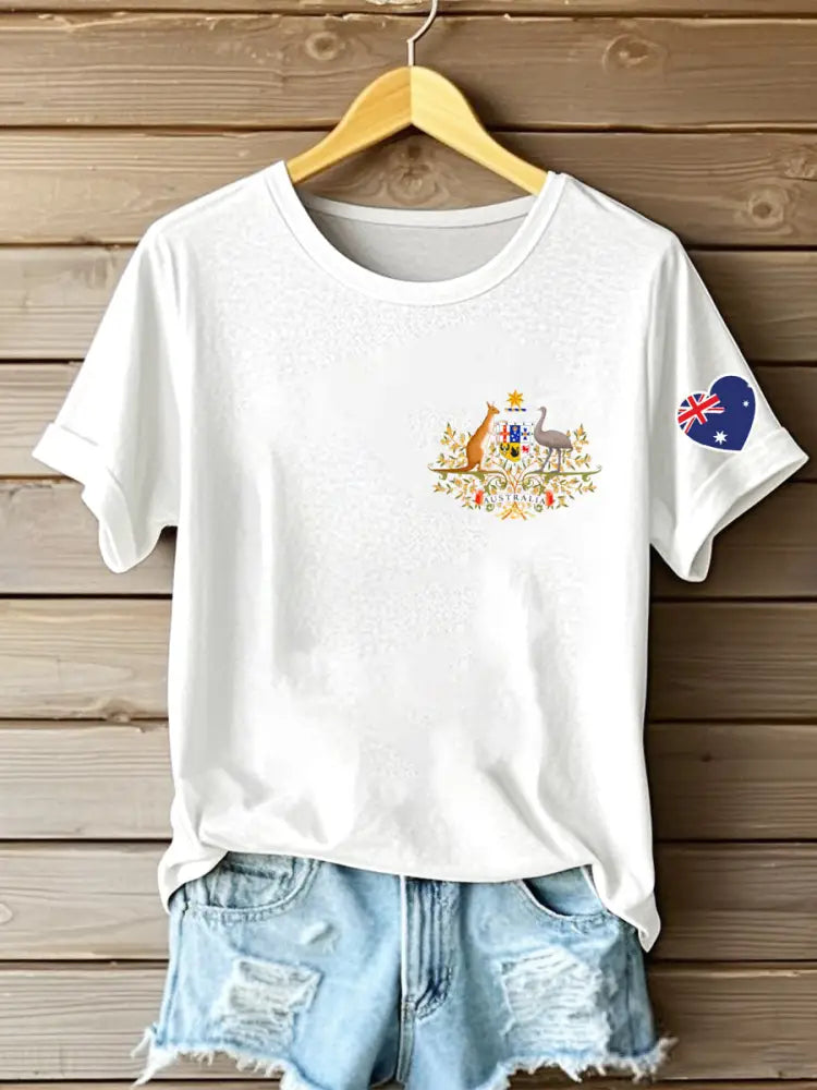 Women’s Vintage Australian Patriotic Flag Emblem Abstract Print Casual Cotton Short Sleeve T-Shirt White / S