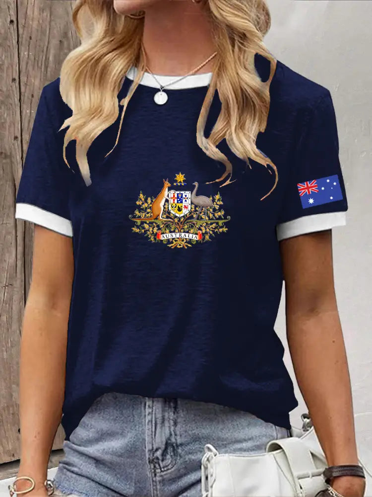 Women’s Vintage Australian Patriotic Flag Emblem Print Casual Cotton Short Sleeve T-Shirt Dark Blue / S