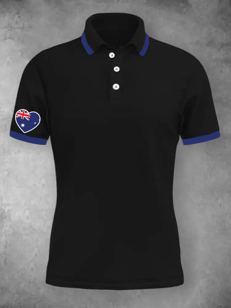 Women’s Vintage Australian Patriotic Flag Heart Printed Casual Cotton Short Sleeve Polo Shirt Black / S