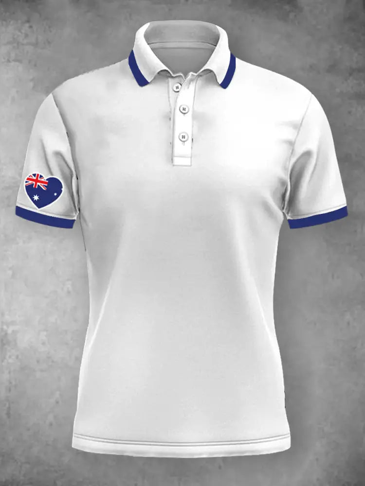 Women’s Vintage Australian Patriotic Flag Heart Printed Casual Cotton Short Sleeve Polo Shirt White / S