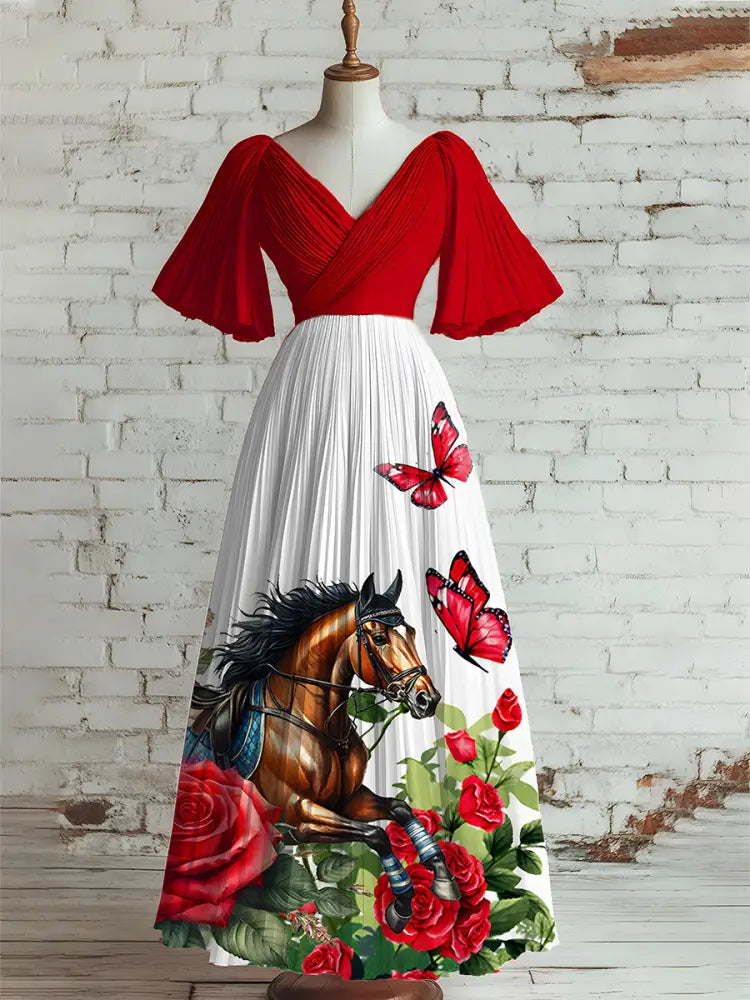 Women’s Vintage Derby Day Art Print V Neck Short Sleeve Elegant Midi Dress A / S