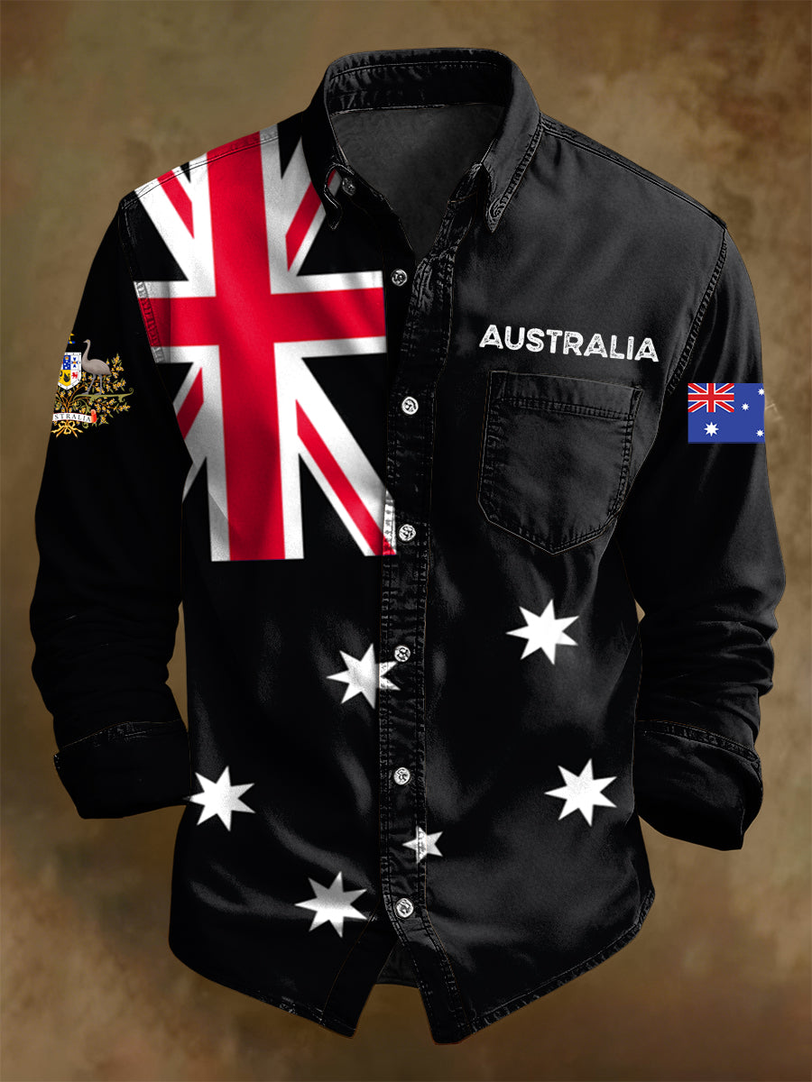 Men's Retro Australian Flag Badge Print Casual Long Sleeve Pocket Shirt