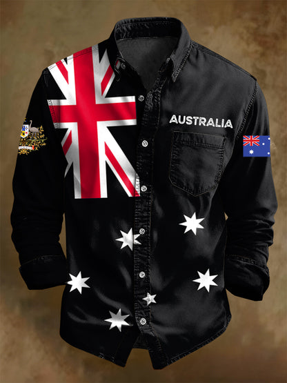 Men's Retro Australian Flag Badge Print Casual Long Sleeve Pocket Shirt