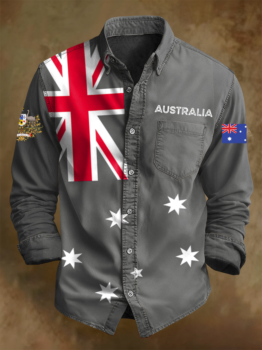 Men's Retro Australian Flag Badge Print Casual Long Sleeve Pocket Shirt
