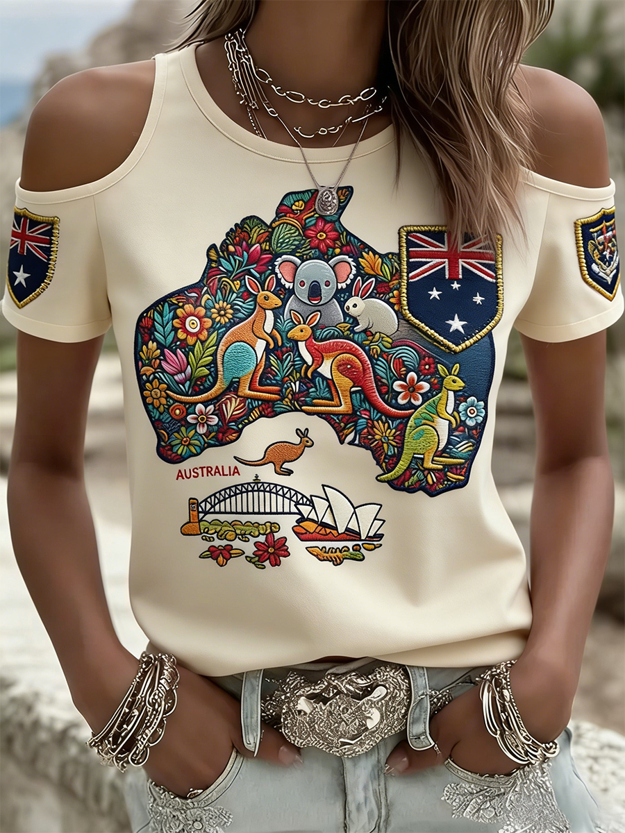Women's   Vintage Australian Holiday  Casual Off-the-Shoulder Design Short sleeves T-Shirt