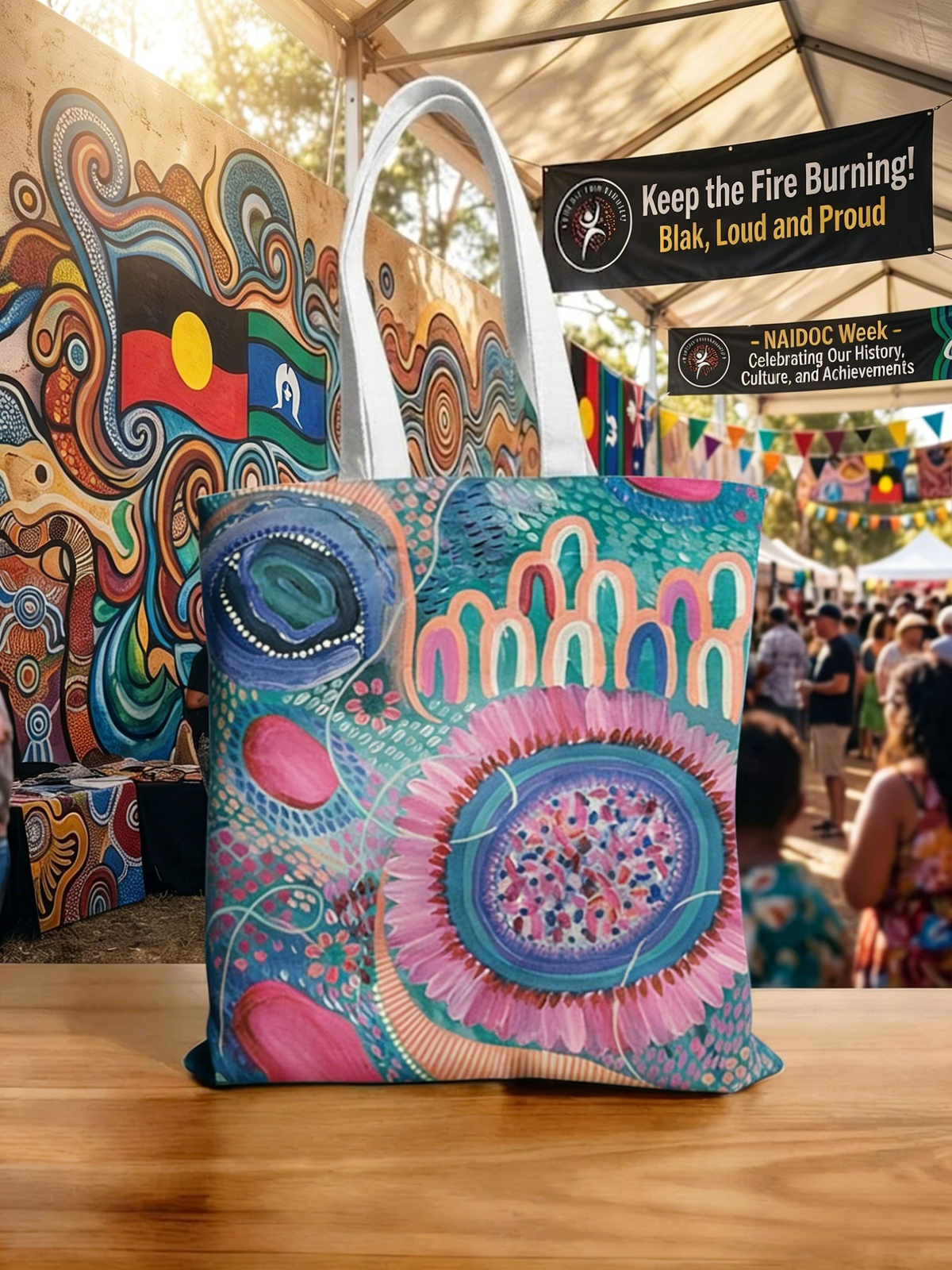 Vintage AU Aboriginal Art NAIDOC Week Printed Canvas Bag