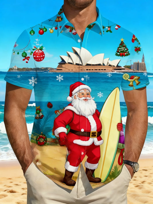 Men's  Retro Australian Christmas Santa Claus Beach Kangaroo Abstract Print Casual Cotton Short Sleeve Shirt