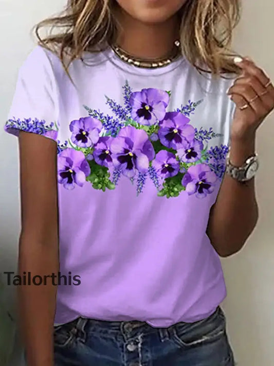Alzheimer’s Disease Awareness Printed O-Neck Purple Flower Printed T-shirt Women’s Clothing