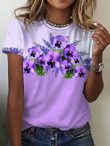 Alzheimer’s Disease Awareness Printed O-Neck Purple Flower Printed T-shirt Women’s Clothing
