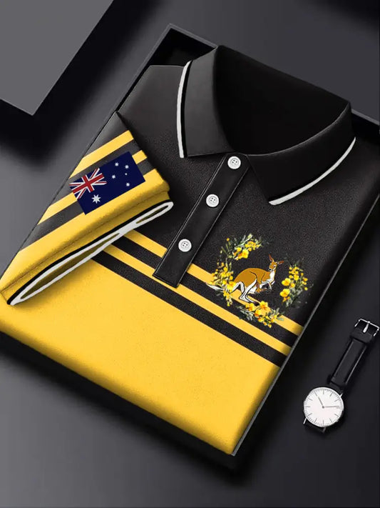Men’s Australia Flag Acacia Kangaroo Printed Casual Business Short Sleeve Polo Shirt Colorful / S