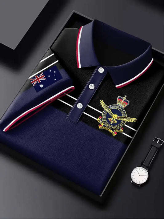 Men’s Australia Flag Air Force Emblem Stripe Printed Casual Business Short Sleeve Polo Shirt Colorful / S