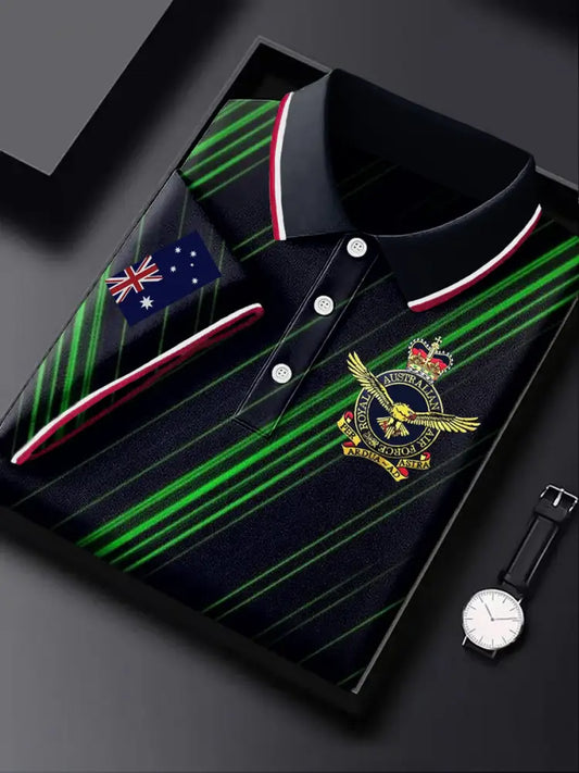 Men’s Australia Flag Air Force Emblem Stripe Printed Casual Business Short Sleeve Polo Shirt Colorful / S
