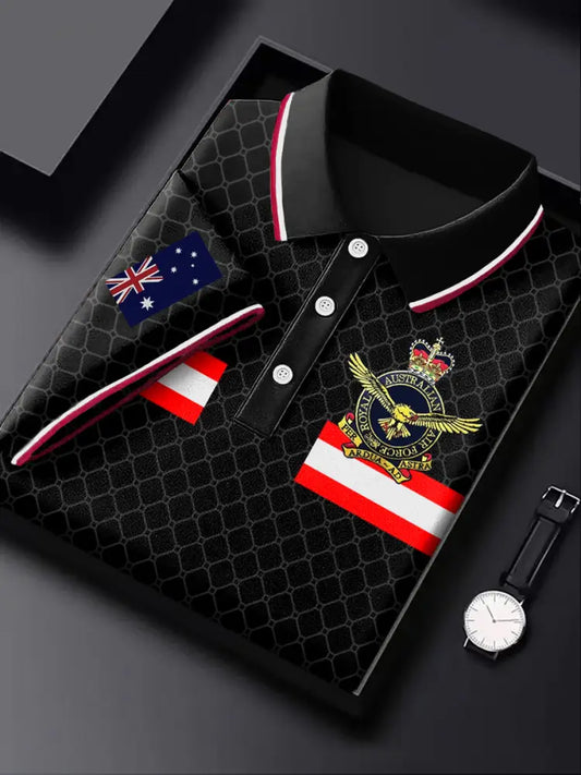 Men’s Australia Flag Air Force Emblem Textured Printed Casual Business Short Sleeve Polo Shirt Colorful / S
