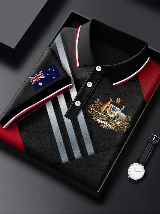 Men’s Australia Flag Emblem Patchwork Printed Casual Business Short Sleeve Polo Shirt Colorful / S