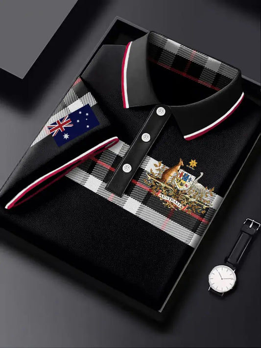 Men’s Australia Flag Emblem Plaid Patchwork Printed Casual Business Short Sleeve Polo Shirt Colorful / S