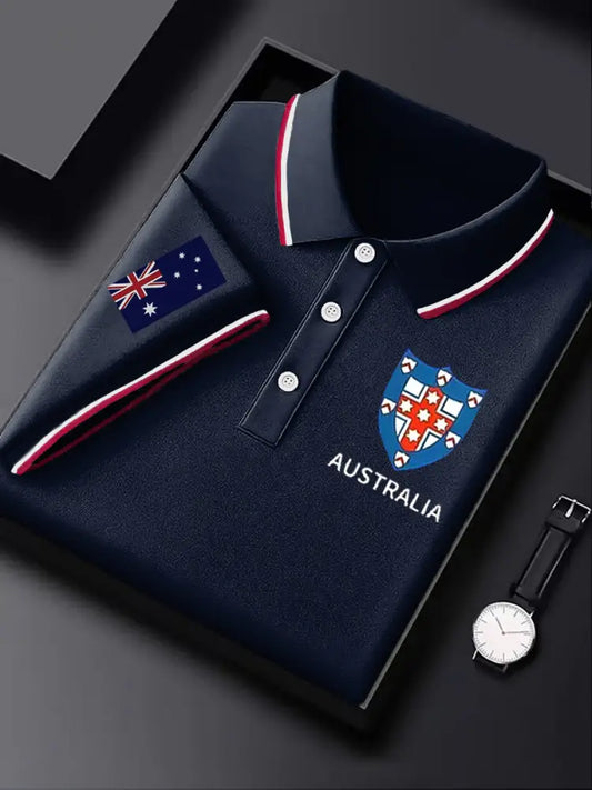 Men’s Australia Flag Emblem Printed Casual Business Short Sleeve Polo Shirt Colorful / S