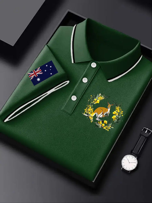 Men’s Australia Flag Kangaroo Acacia Flower Printed Casual Business Short Sleeve Polo Shirt Colorful / S