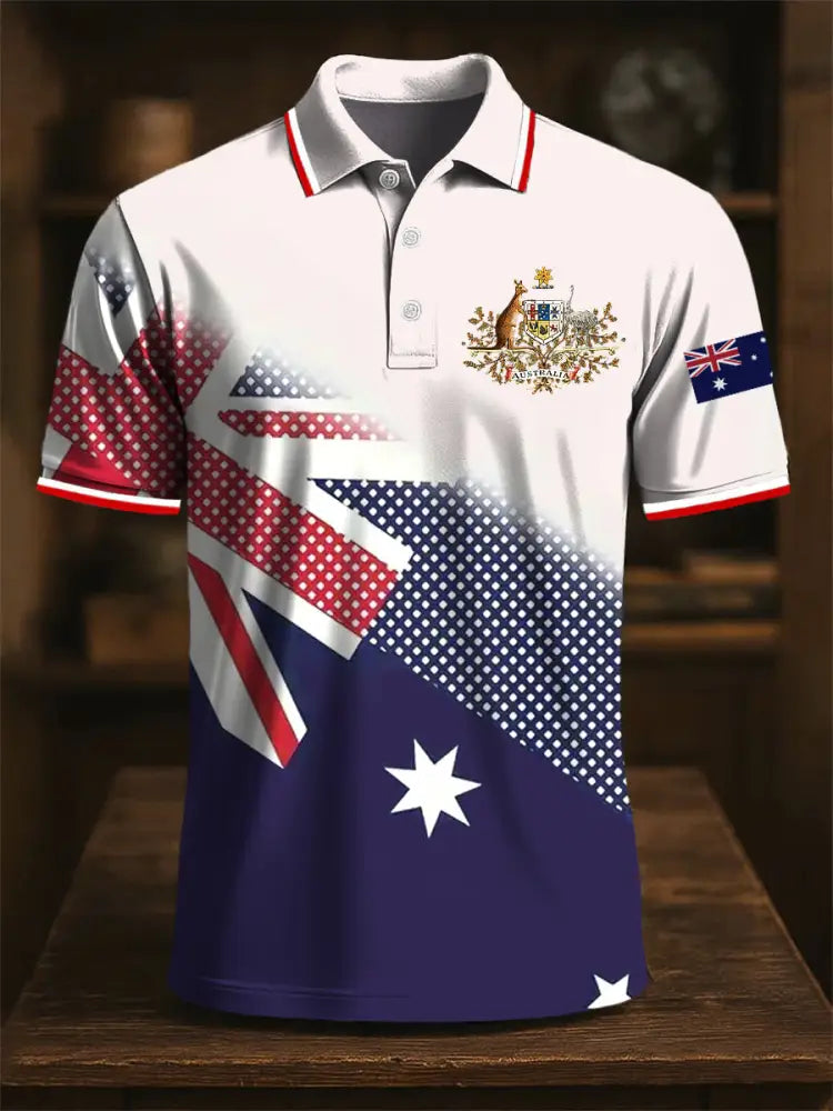 Men’s Australia Flag Kangaroo Emblem Abstract Printed Casual Business Polo Shirt Colorful / S