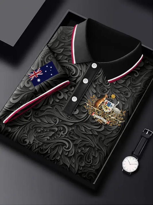 Men’s Australia Flag Kangaroo Emblem Floral Print Casual Business Short Sleeve Polo Shirt Colorful / S