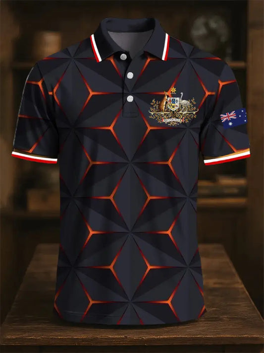 Men’s Australia Flag Kangaroo Emblem Geometric Printed Casual Business Polo Shirt Colorful / S