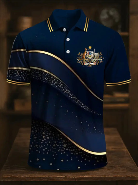 Men’s Australia Flag Kangaroo Emblem Gradient Line Print Casual Business Polo Shirt Colorful / S