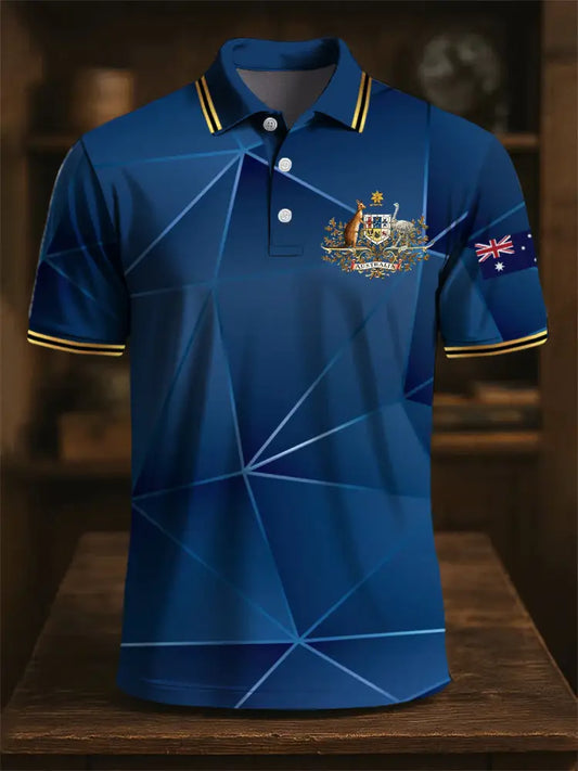 Men’s Australia Flag Kangaroo Emblem Line Gradient Printing Casual Business Polo Shirt Colorful / S