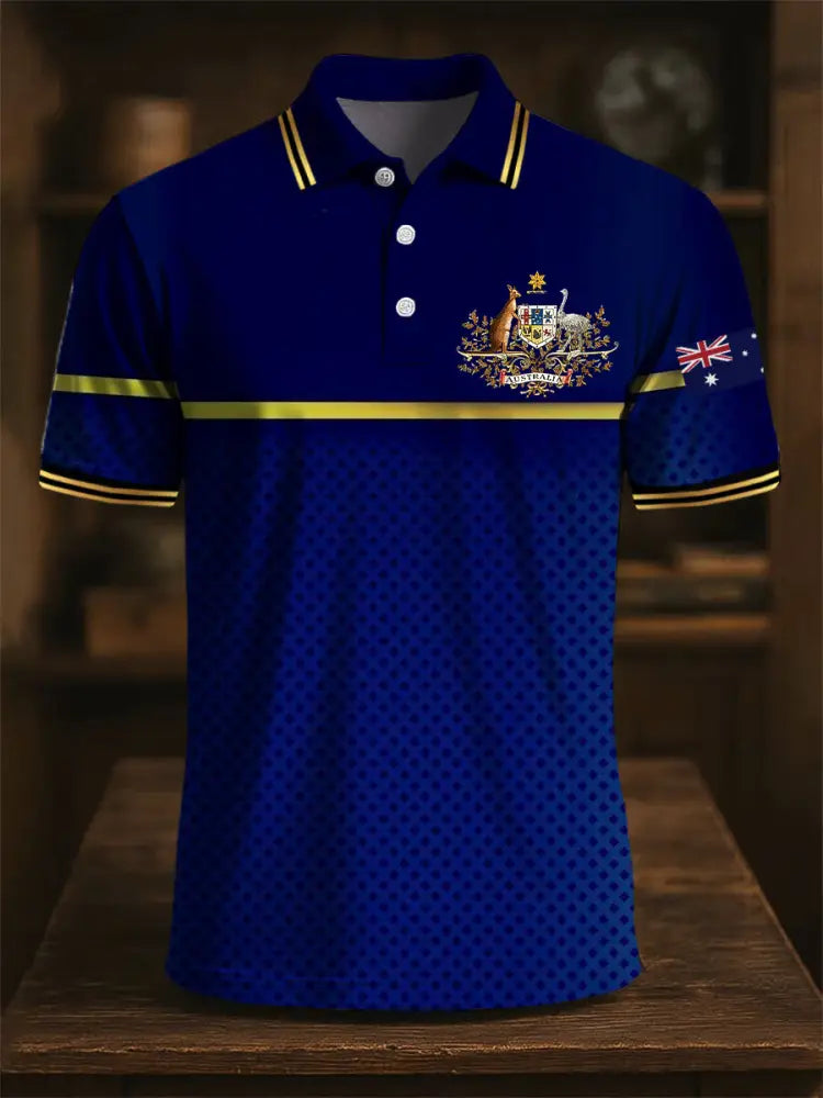 Men’s Australia Flag Kangaroo Emblem Line Print Casual Business Polo Shirt Colorful / S