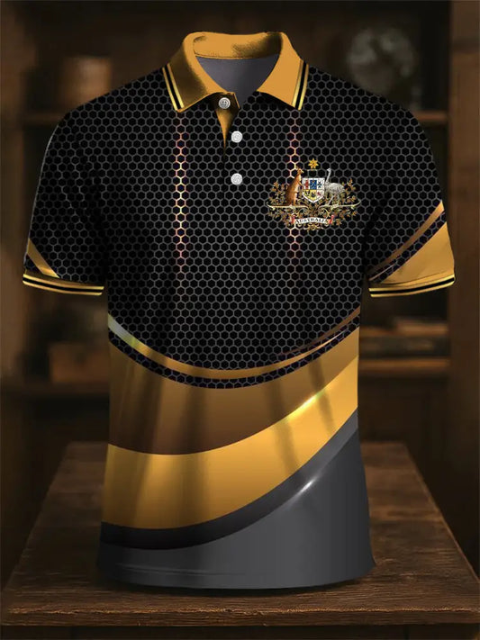 Men’s Australia Flag Kangaroo Emblem Line Splicing Printed Casual Business Polo Shirt Colorful / S
